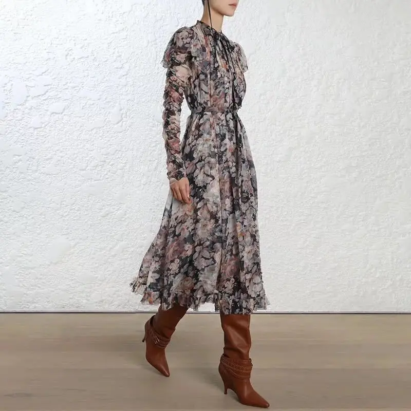 

[MENKAY] Zim Vintage Two-piece Set Printing Bow Collar Long Sleeve Women High Waisted Ruffles 2019 Fashion Clothing Korean