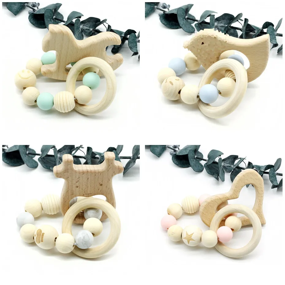 

Wooden Baby Bracelet Animal Shaped Jewelry Teething For Baby Organic Wood Silicone Beads Baby Rattle Stroller Accessories Toys
