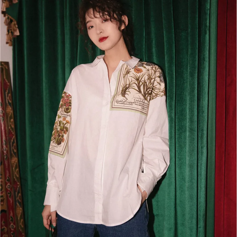  LANMREM 2020 Spring summer clothes for women Botany Atlas Printing White Shirt loose casual design 