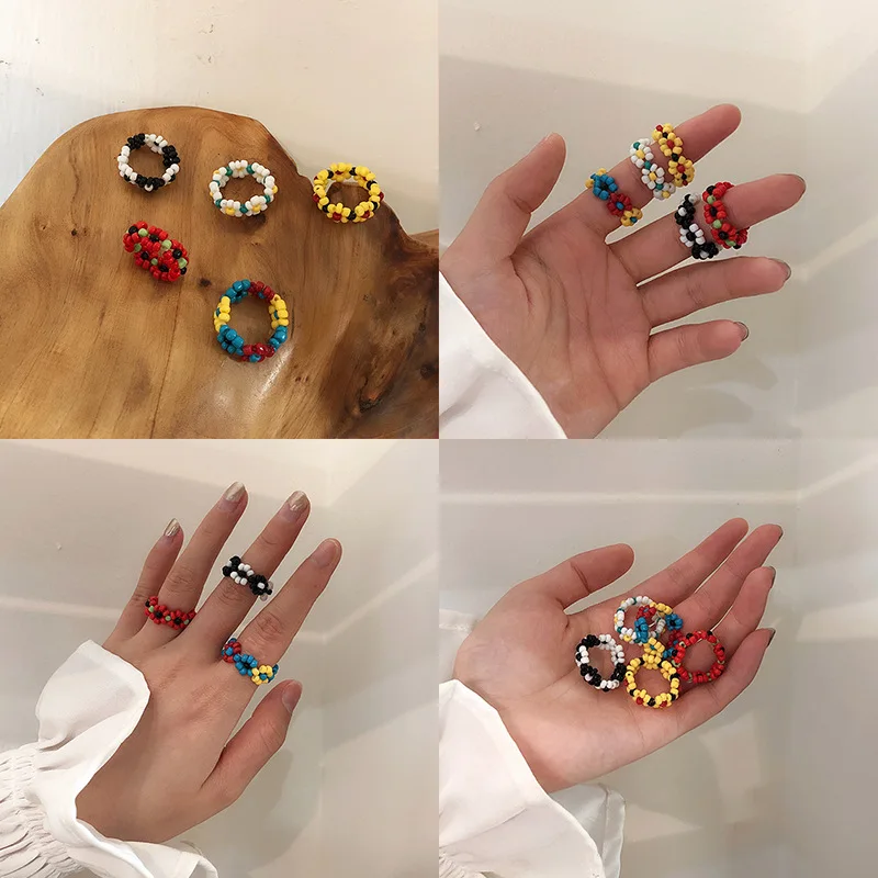 

2019 New Colorful Handmade Weave Beads Flowers Small Round Circle Finger Rings for Women Girl Boho Beach Wedding Party Jewelry