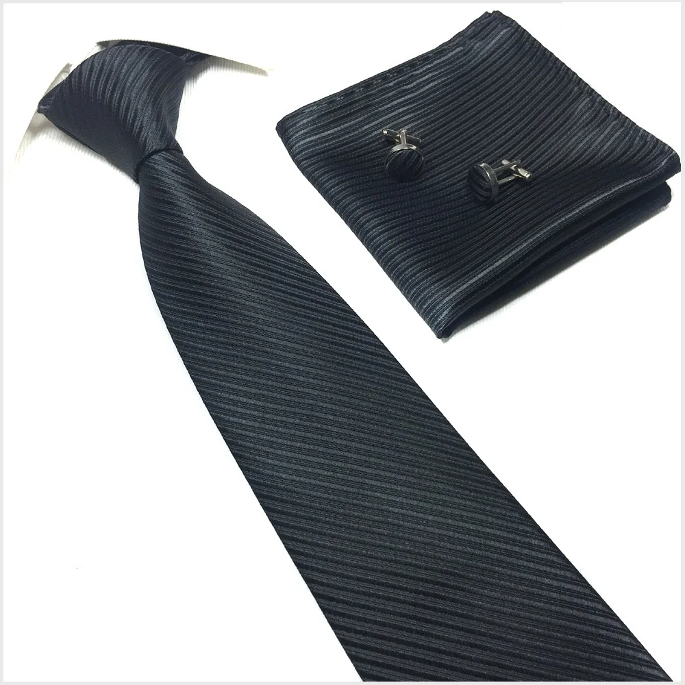 Men Neck Tie Sets Fashion Accessories Ties Pocket Towel Black Cufflinks
