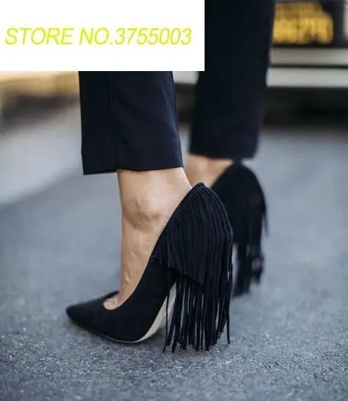 

2018 Spring Fashion Sexy Pointed Toe Fringe Back Ladies High Heels Black Suede Leather Women Slip On Pumps Female Elegant Pumps