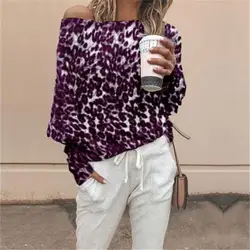 Весна-Осень Женские футболки с открытыми плечами 2019 Модные женские леопардовые принты с длинным рукавом Свободные футболки топы