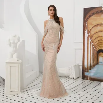 

Vivian's Bridal 2019 High-end Sequin Beading Tassle Mermaid Evening Dress Sexy Illusion Back Slit Off Shoulder Crystal Neck Gown