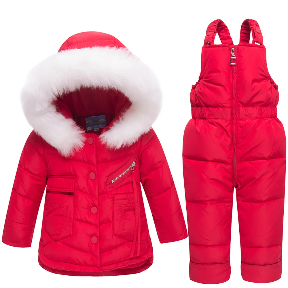 New  Kids Baby girl boy detachable fur hooded coat Snow wear Jacket+ bib pants jumpsuit winter down clothes sets  2 3 4 girl boy