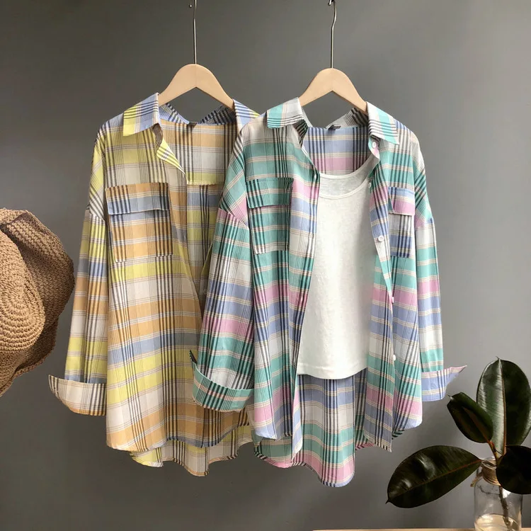 

Summer Stripe Plaid Women Yellow Shirts Long Sleeve Loose Gradient Female Shirts Tops