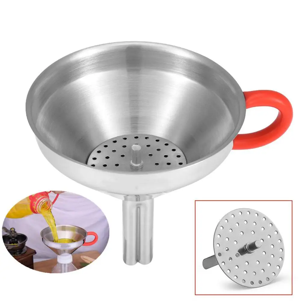 

High Quality Kitchen Home Soft Anti-scald Handle Stainless Steel Funnel with Filter Liquid Dispensing Mini Funnel Kitchen Tools