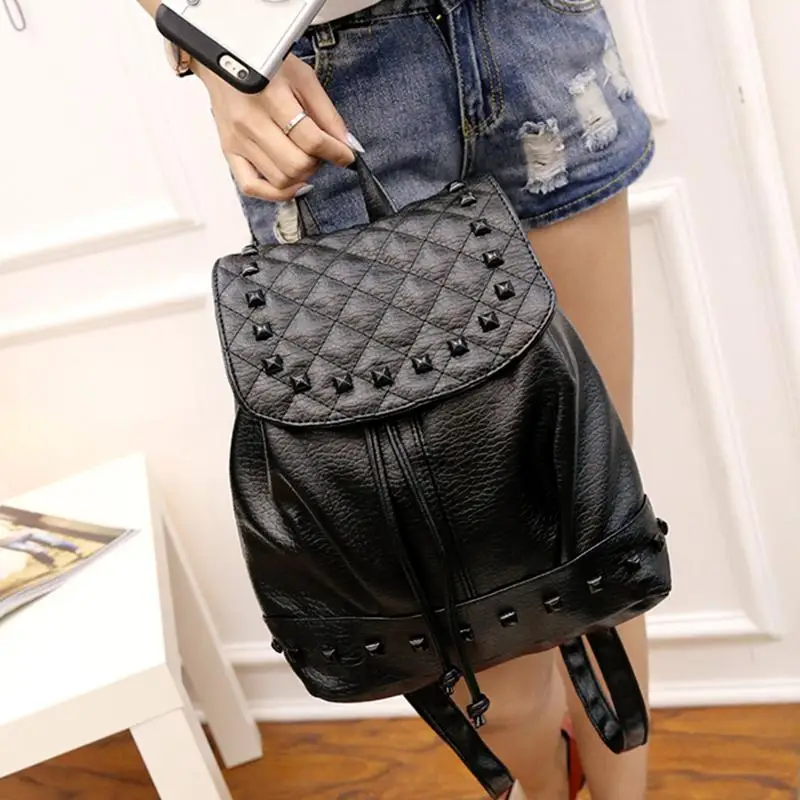 

Women Washed PU Leather Rivet Backpack Drawstring Casual Girls Travel Bag