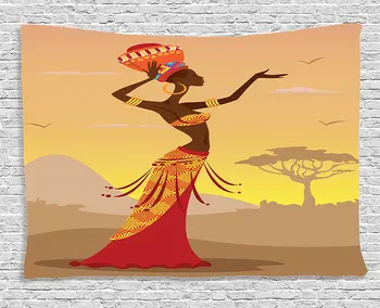 

Afro Decor Tapestry African Woman in Desert with Gulls Flying Around Folk Female Stylish Artful Print, Wall Hanging for Bedroom