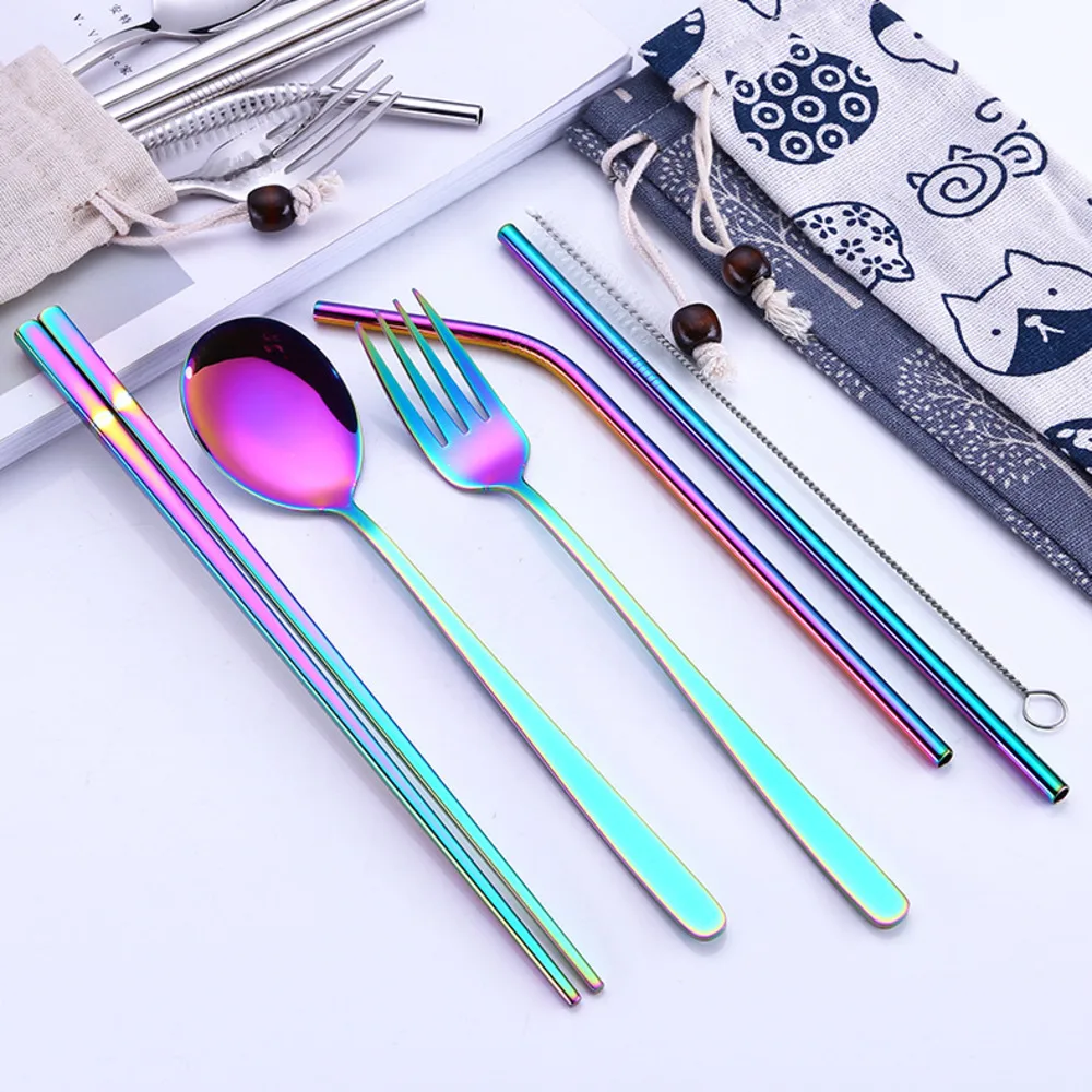 

Creative Titanium Plated Environmentally Portable Tableware Set Three Color 304 Stainless Steel Spoon Chopsticks Set Straw Set