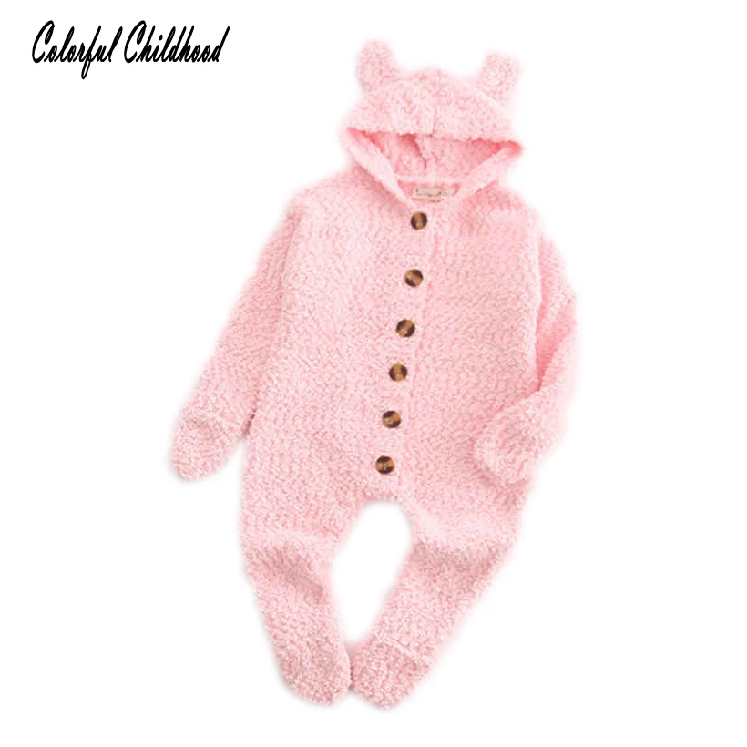 

Unisex Baby Bodysuit Lovely Bear Ear Hooded Solid Woolen Thicken Jumpsuit Newborn Baby Infant Autumn Overalls Kid Bodysuit0-24m