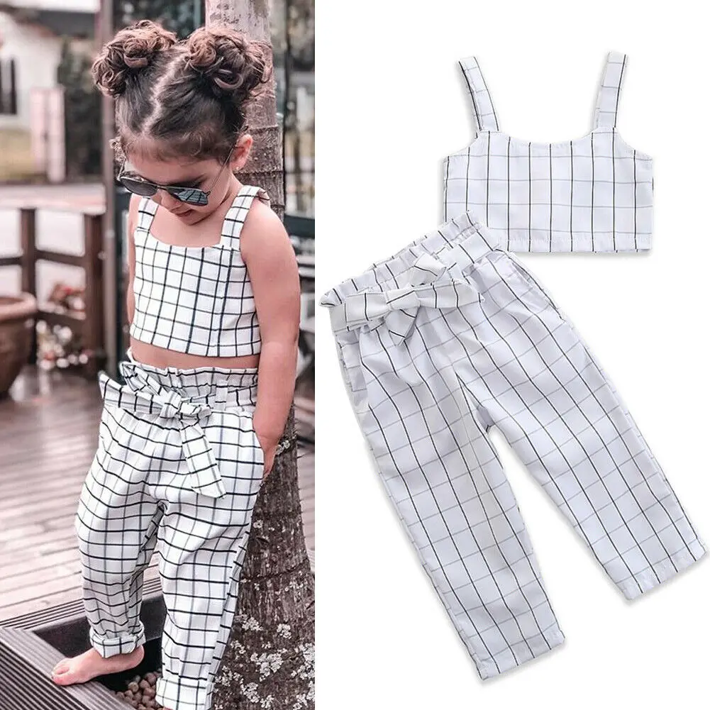 

2-7Y Toddler Kid Baby Girl Fashion Clothes Sets Plaid Print Vest Tank Tops+Pants Summer plaid Clothes Sunsuit 2PCS