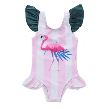 

Children's Girl Swimsuit Pink And White Striped Flamingo Print Summer Beach Swimsuit Play Water Clothes