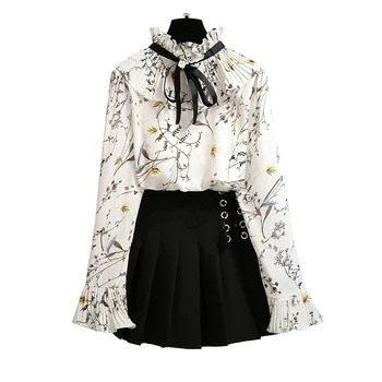 

spring 2019 new women sweet floral chiffon top blouse shirt ribbons pleated skirts two-piece outfit girl vestido lady suit SALE