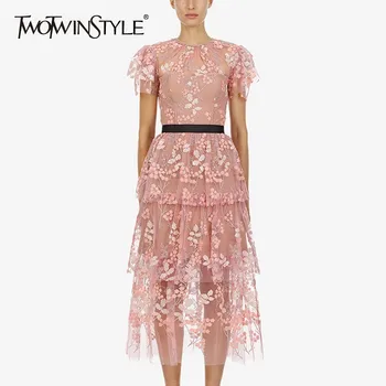 

TWOTWINSTYLE Mesh Embroidery Patchwork Women Dress High Waist O Neck Short Sleeve Midi Dresses Female Fashion 2020 Spring New