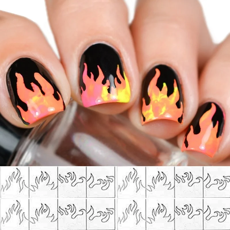 2 Sheets Fire Nail Vinyls Stencil Hollow Stickers Fires On Manicure Stencil Stickers Nail Art Decoration