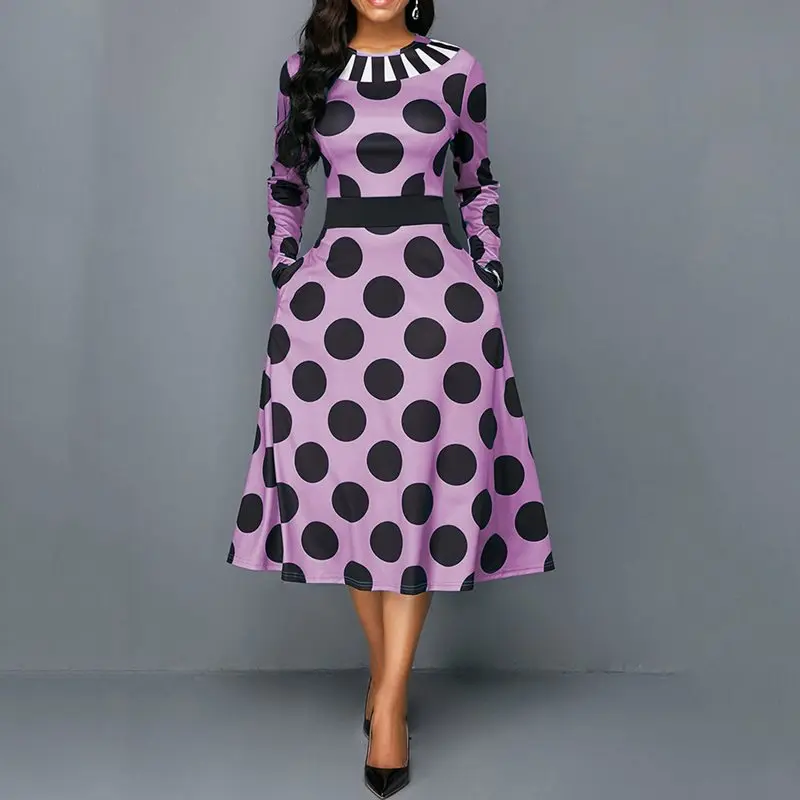 

Summer Sweet Plus Size Elegant Party Office Lady Vintage Women Dresses Big Swing Pocket Print Polka Dots Retro Female Midi Dress
