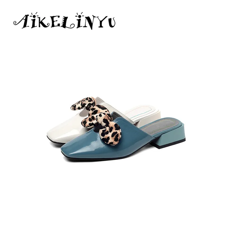 

AIKELINYU Women Genuine Leather Slippers Bow Flats Mules Shoes Women Low Heels Summer Mules Slides Female Pointed Toe Sweet Girl