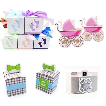 

10pcs Baby Shower Decoration Baby Footprint Candy Box Kids Birthday Boy girl Party Favor Pink/Blue Laser cut Stroller Gift Box
