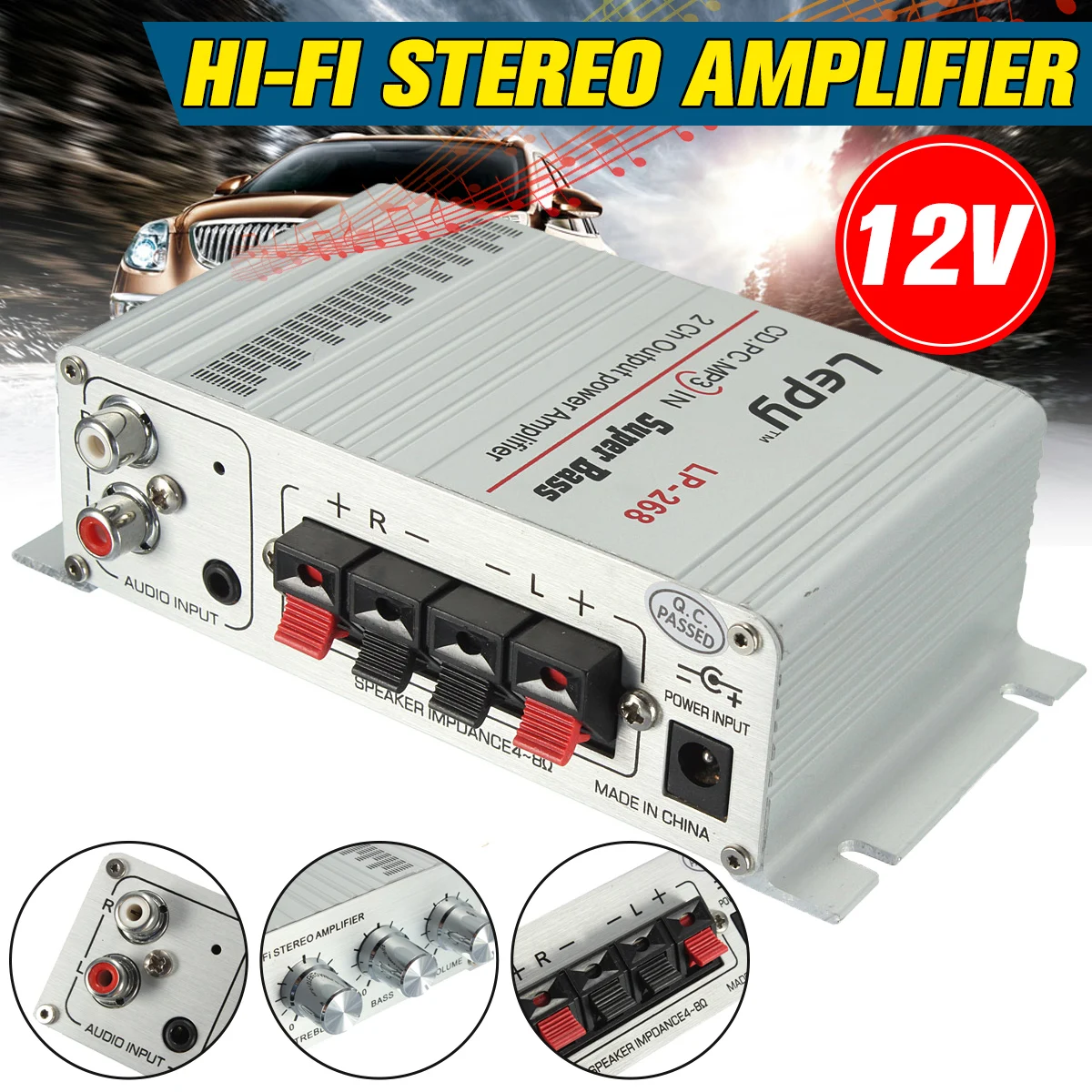 

Audew Hi-Fi 12V Aluminum Car Stereo Power Amplifier Sound Mode Stereo Digital Auto Amp Radio Music Player Support MP3 CD