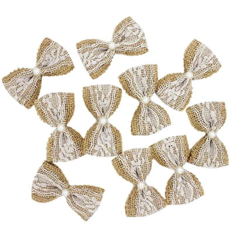 

10Pcs Vintage Natural Jute Burlap Hessian Bows Lace Ribbon Wedding Decoration Rustic Mariage Jute Burlap Ribbon Bow Knot
