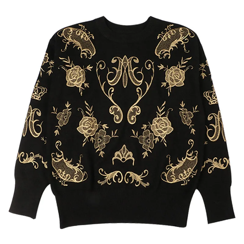 Винтажная осенне-зимняя одежда, женские дизайнерские черные вязаные свитера и пуловеры с цветочной вышивкой и длинным рукавом
