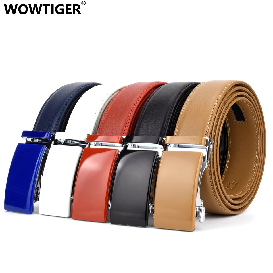 WOWTIGER Black White Red Blue 3.5cm Cowhide Genuine Leather Belt For Men High Quality Male Brand Ratchet Automatic Luxury Belts