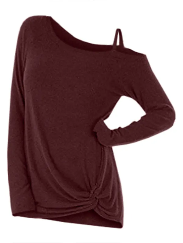 Wipalo Fashion Spring Knotted Skew Neck Sweater Long Sleeve Cut Out Solid Pullover Sweater Women Clothes One Shoulder Casual Top
