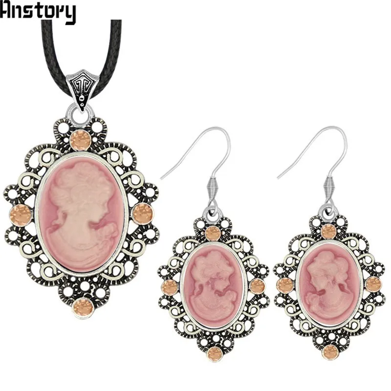 Oval Lady Queen Cameo Crystal Jewelry Set Antique Silver Plated Necklace Earrings Bracelet Fashion Jewelry TS463