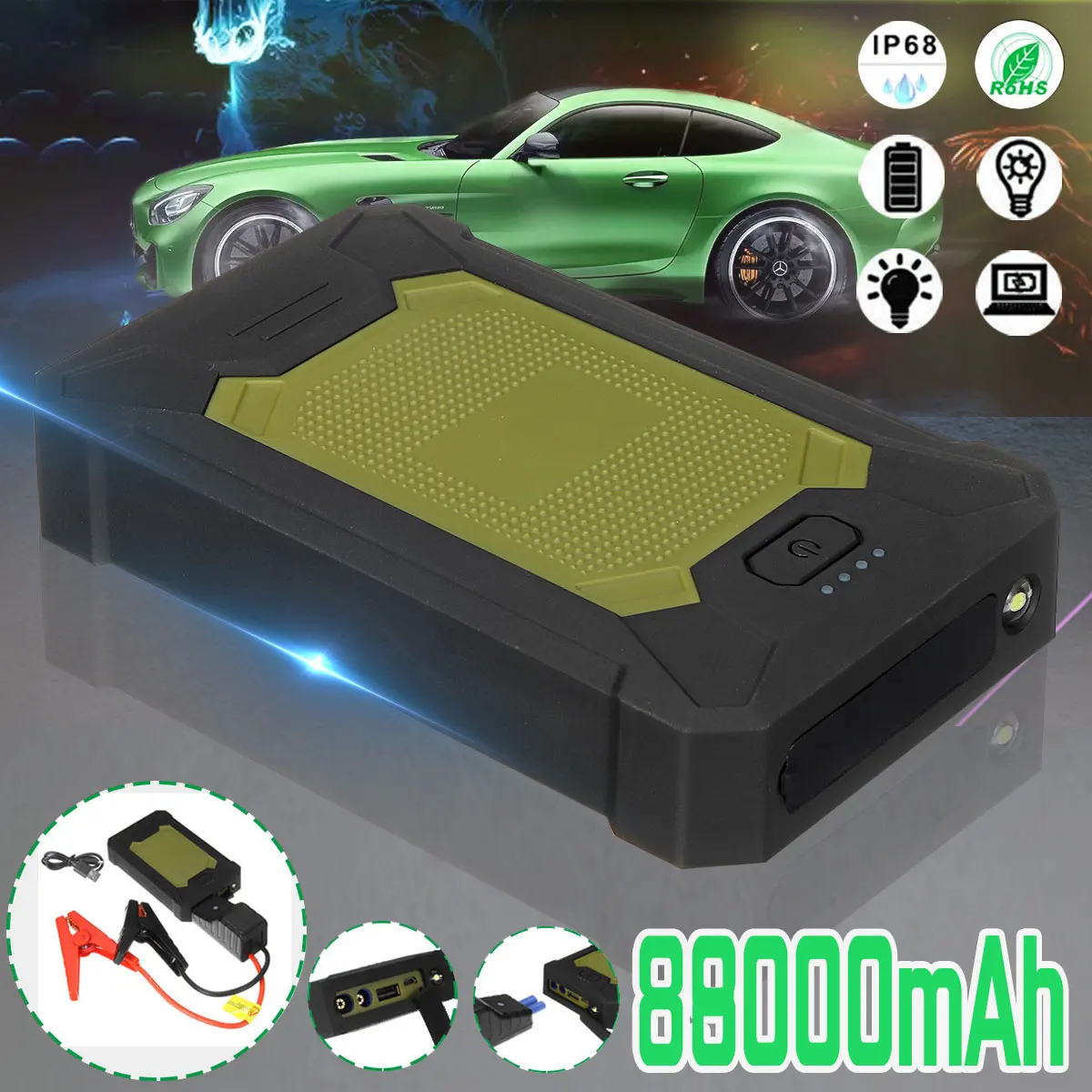 

88800mAh Portable Slim Car Jump Starter 5V 600A 4 USB LED Emergency Power Bank Battery For Car Mobile Phones IP66 Waterproof