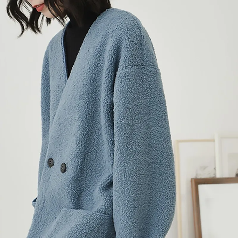 [EAM] 2019 New Spring Winter V-collar Long Sleeve Blue Double Breasted Big Size Woolen Coat Women Parkas Fashion Tide JL247