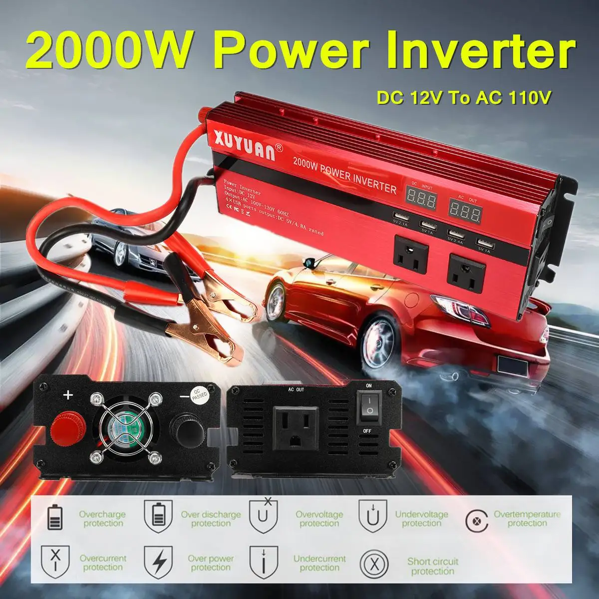 

Car Power DC 12V To AC 110V 2000W Auto LED Power Inverter 4 USB Ports 2 AC Outlets Charger Double-plug Converter Inverter