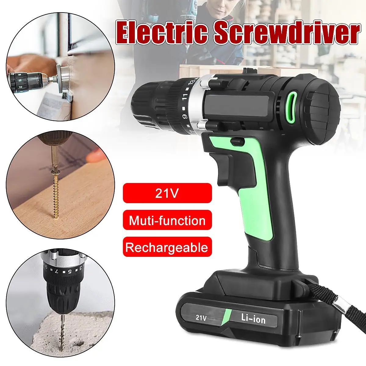 

21V Electric Screwdriver Lithium-ion Battery Rechargeable Cordless Electric Drill Hole Screwdriver Driver Power Tool LED Light