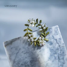 Vanssey, Винтажная брошь в форме цветка, ветки, Листьев, натуральный пресноводный жемчуг, зеленое покрытие, овальная брошь на булавке, шарфы, свадебные аксессуары для женщин