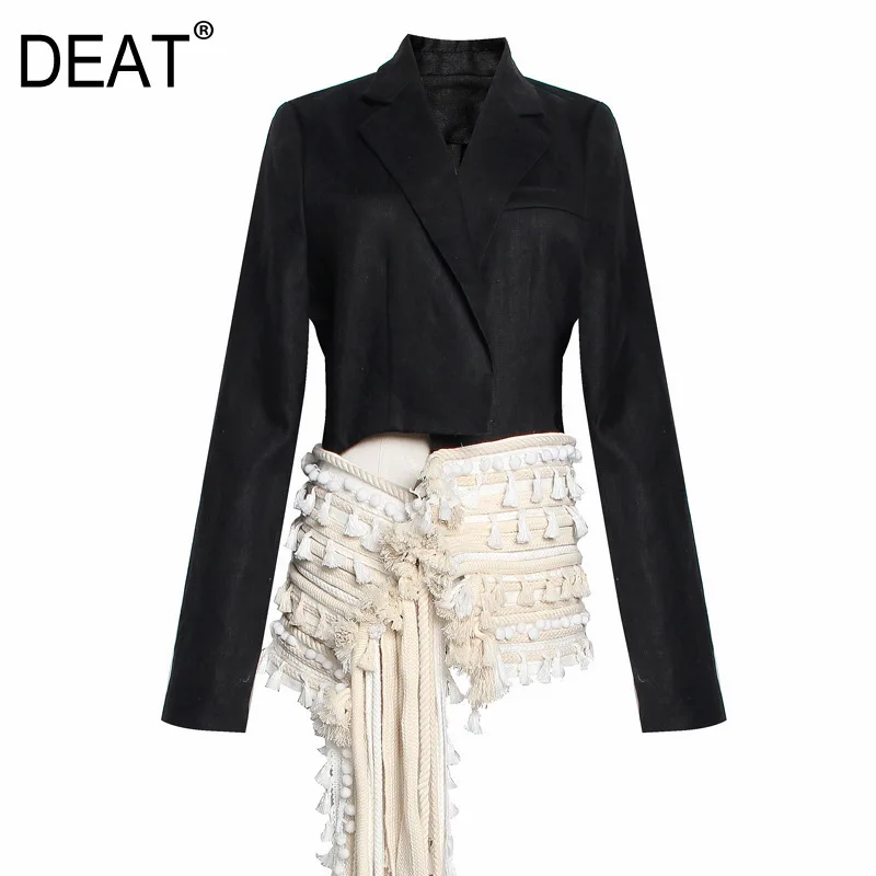 

[DEAT]2019 New Autumn Winter Lapel Long Sleeve Black Hem Irregular Tassels Split Joint Loose Jacket Women Coat Fashion Tide JR84