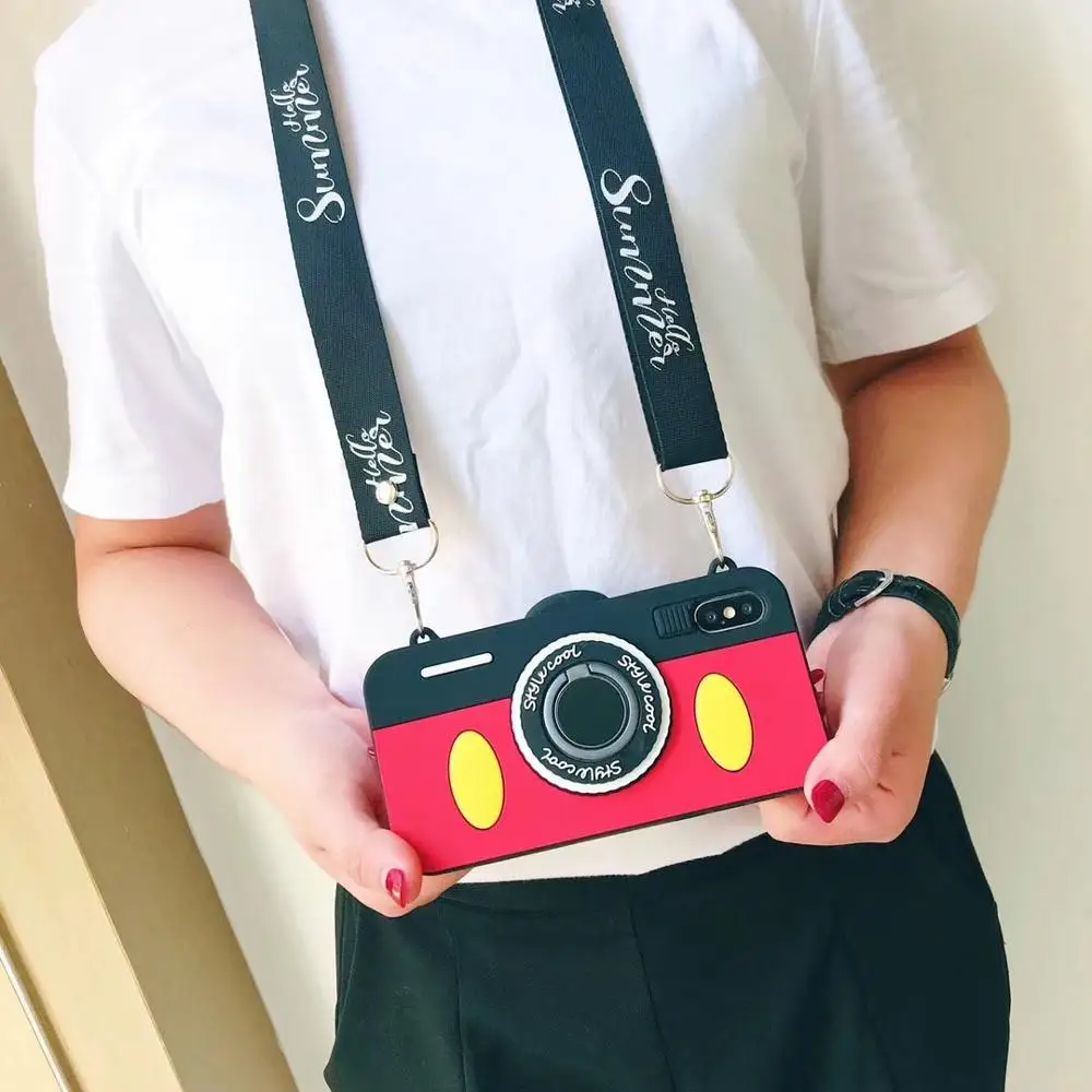 

XR Lovely Mickey Lens Stand Nylon Strap Silicone Phone Case Soft Full Cover For iPhoneXsmax 6s 8plus 7plus Body Shell Protection