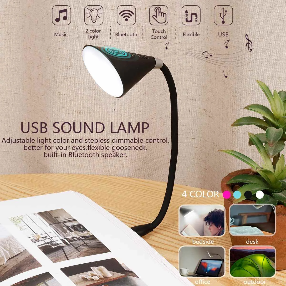 

Adjustable USB Book Lights Portable 360Rotation Speaker Lighting Mini bluetooth Wireless Speaker Sound Desk Lamp Reading Lamp
