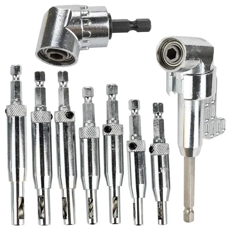 

New 7pcs 1/4 Inch Hex Shank Self Centering Hinge Drill Bits + 1pc 105 Degree Right Angle Drill + 1pc Angle Extension Socket Ho