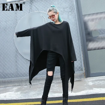 

[EAM] 2020 New Spring Autumn Round Neck Long Sleeve Black Loose Irregular Cut Hem Large Size T-shirt Women Fashion Tide JH790
