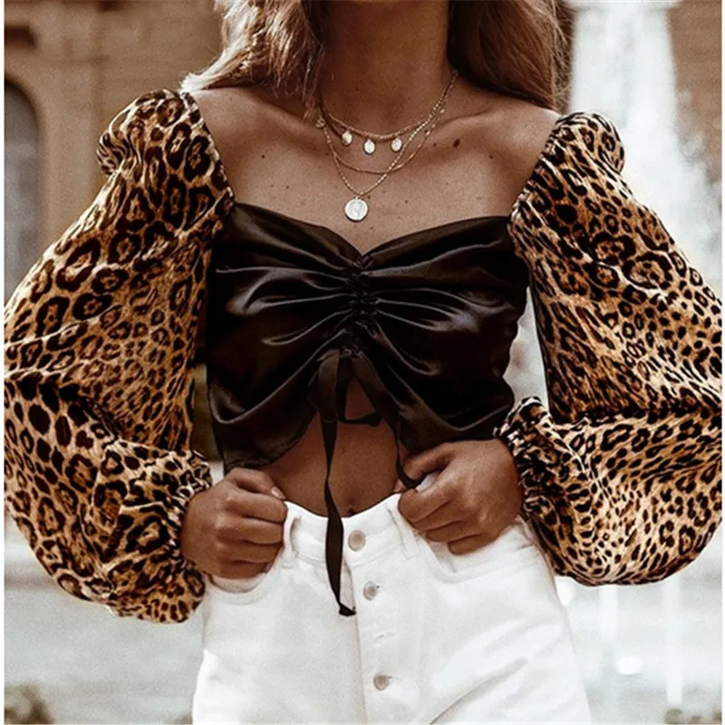 

Sexy Women short Blouse Leopard Print crop Top Lady long Lantern sleeve bandage Off shouder Loose Casual shirt lady club Tops