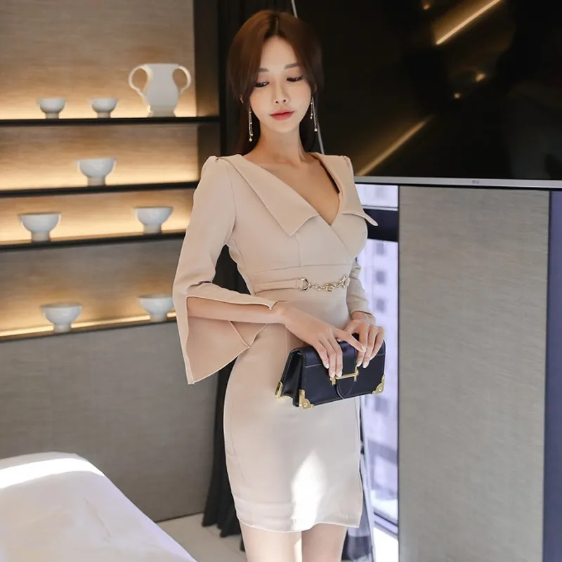 Foamlina Элегантный женский корейский стиль OL работа сексуальное платье-карандаш v-образный вырез Сплит 3/4 рукав мода весна осень Короткое облегающее платье