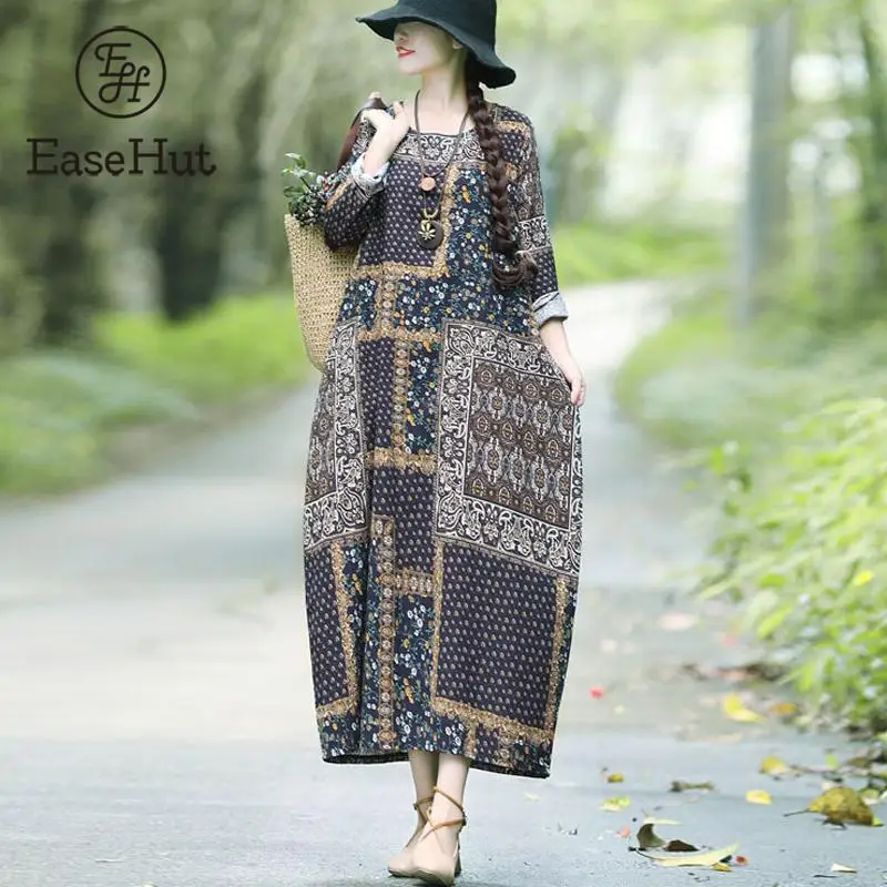

Vintage Spring Long Sleeve Dress for Women Mori Girl O-neck Loose Casual Cotton Linen Dress Baggy Autumn Winter Maxi Dresses