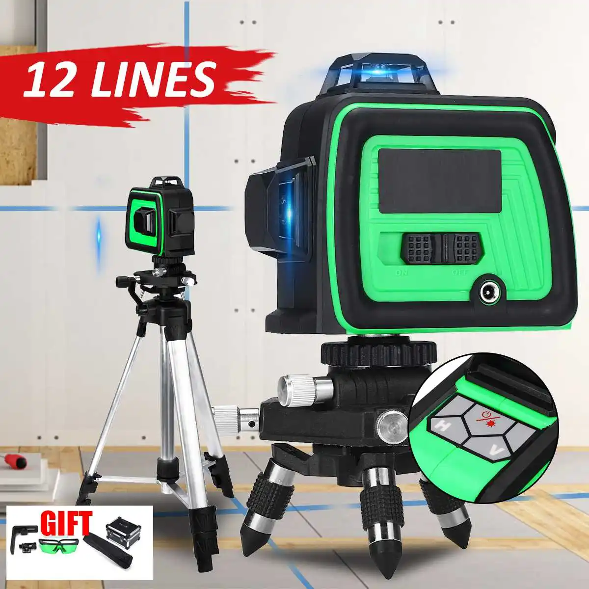 

8000mAh 3D 12 lines Blue Laser Level 360 Degree Rotary Laser Self-Leveling Vertical Horizontal Level w/Tripod Stand US Plug