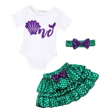 AmzBarley/костюм принцессы Ариэль; комплект одежды для маленьких девочек; Одежда для новорожденных на Хэллоуин и День рождения; комбинезон; платье с блестками+ повязка на голову