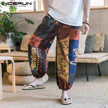 INCERUN Винтаж принт хип-хоп мужские шаровары Хлопок Свободные Ретро широкие брюки тайский этнический стиль брюки мужские уличная