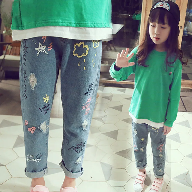 

2018 Autumn Fashion Girls Middle Waist Ripped Jeans Kids Leggings Soild Denim Long Pants