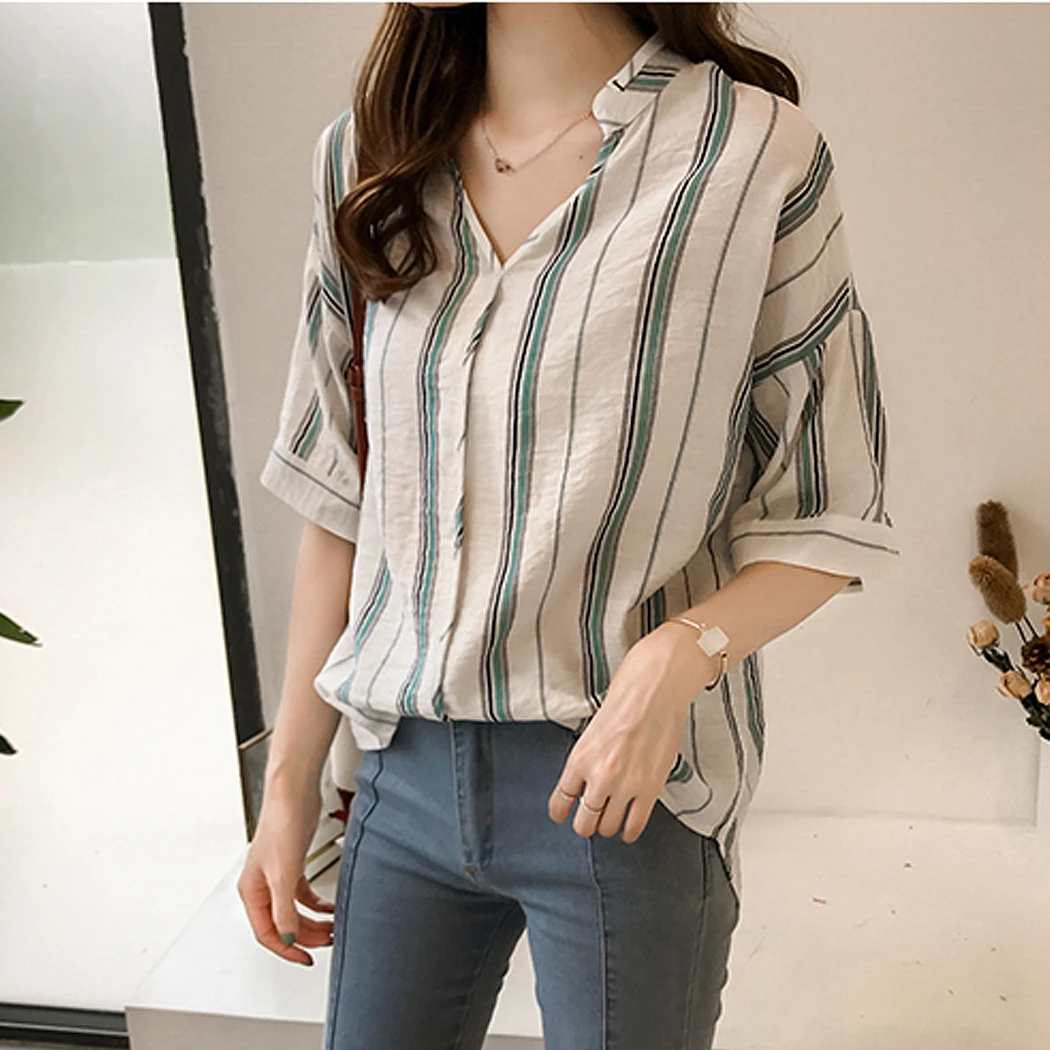 2019 Blusa de gasa de verano para Mujer Tops de rayas estampadas camisas sueltas Blusas de moda señoras cuello en Media manga Blusas femeninas| Blusas y camisas| - AliExpress