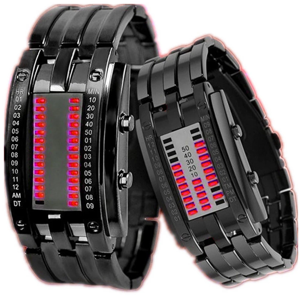 

Waterproof Plating Watch Luxury Stainless Steel Binary Luminous LED Electronic Display Watches