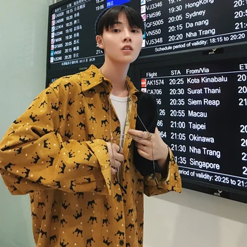 

2018 Autumn And Winter New Young Men's Personality Fashion Casual Popular Corduroy Loose Thick Printed Long-sleeved Shirt