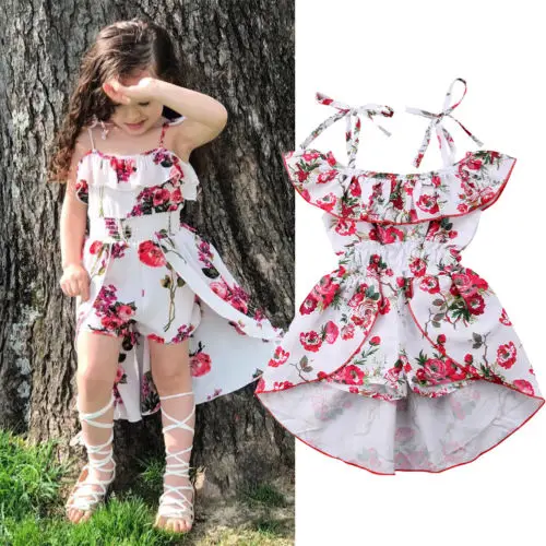

FOCUSNORM Summer Toddler Kids Baby Girls Off Shoulder Dresses Print Floral Jumpsuits Playsuit Shorts Dress